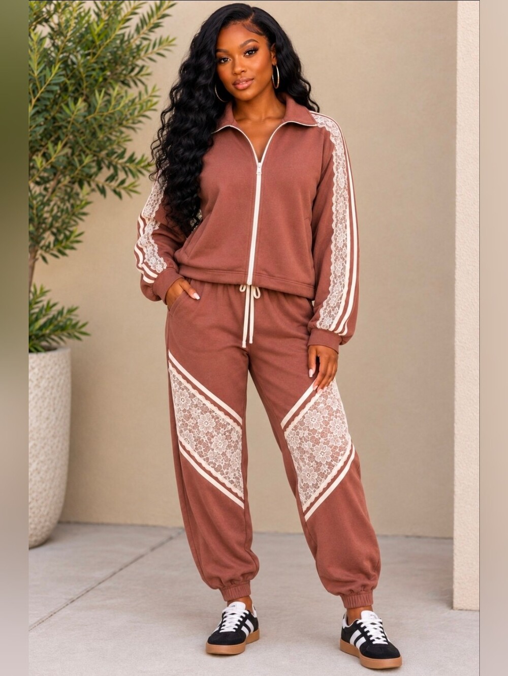 NEW!! Davi & Dani Jacket and Pant Set in Mocha Brown With Lace Embroidery, NWT